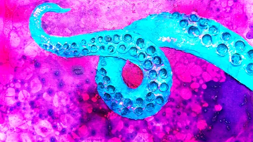 Blauer Tentakel auf lebhaft pink-lila Hintergrund.