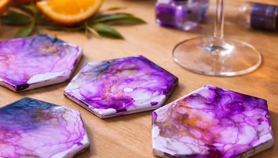 Colorful coasters on a wooden table.