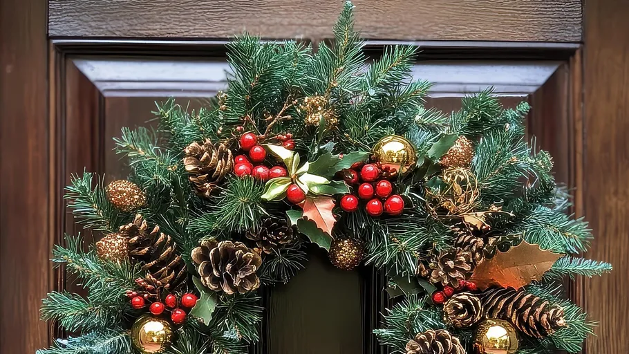 Festlicher Kranz an Holztür, Tannenzapfen und Beeren.