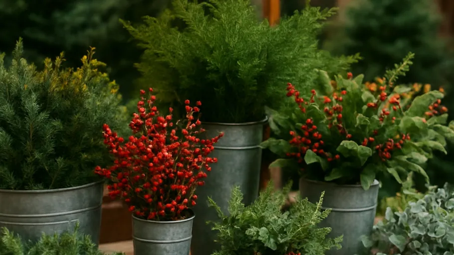 Potted plants with red berries outdoors.