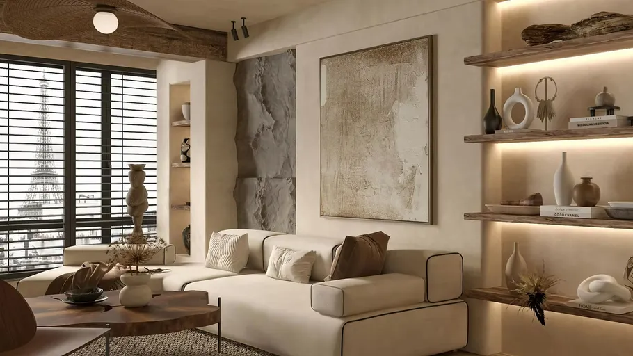 Elegant living room with modern decor and Eiffel Tower view.