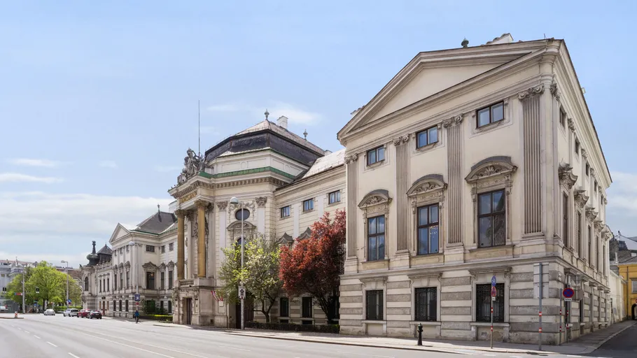 Historic building on empty city street.