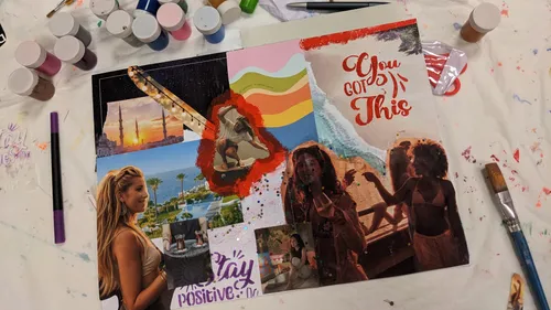 Mixed-Media-Collage mit motivierendem Text.