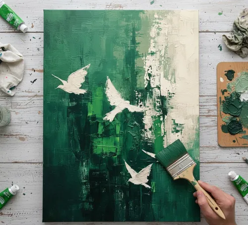 Hand painting green canvas with white birds.