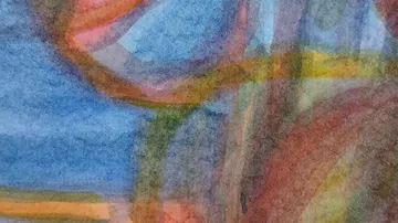 Abstract watercolor with overlapping shapes and colors.