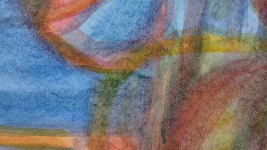 Abstraktes Aquarell mit überlagernden Formen und Farben.