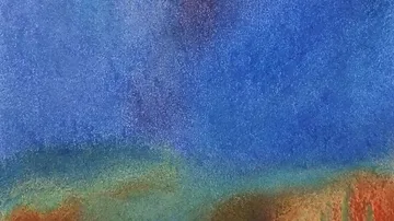 Abstract painting with blue and orange colors.