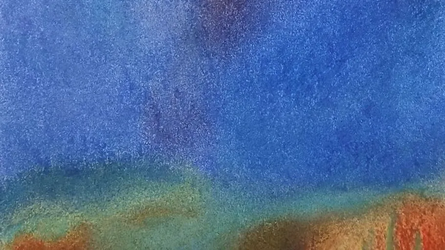 Abstract painting with blue and orange colors.