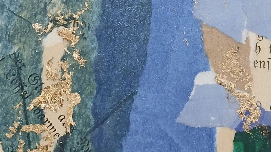 Mixed media artwork with textured layers.