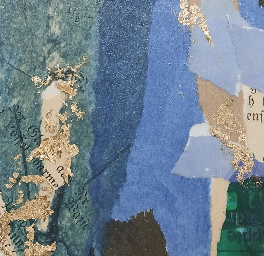 Mixed media artwork with textured layers.