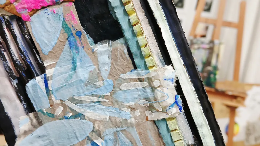 Abstract painting with various colors and textures.