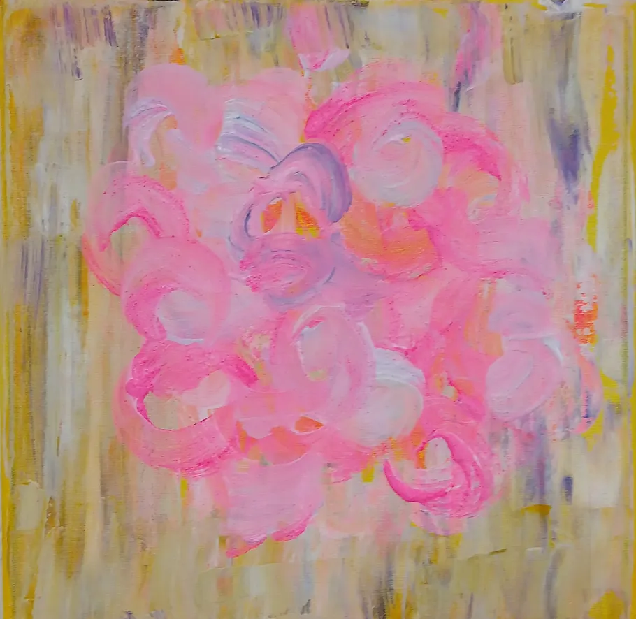 Abstract pink swirls on yellow background.