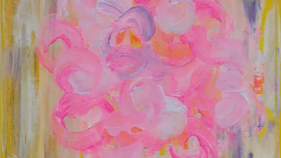 Abstract pink swirls on yellow background.