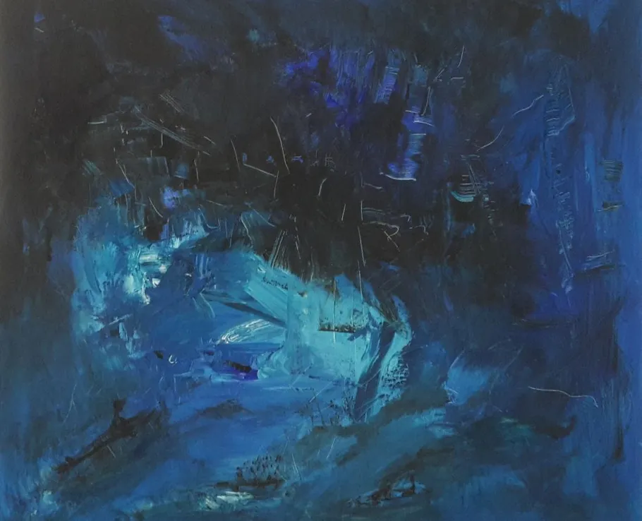 Abstract blue and black textured painting.