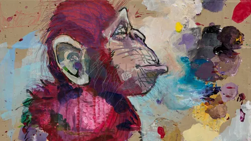 Colorful abstract painting of a chimpanzee profile.