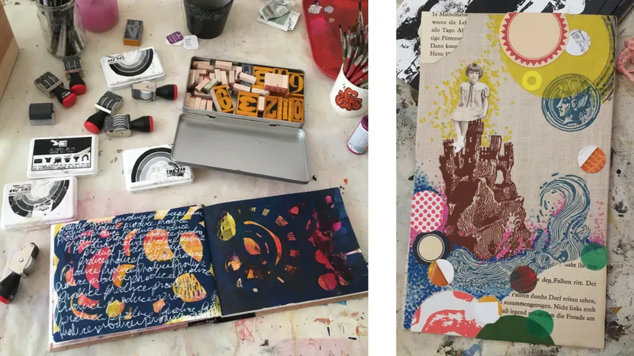 Künstlerarbeitsplatz mit Stempeln und buntem Tagebuch.