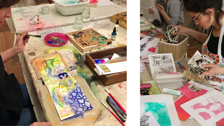 People creating art at a table workshop.