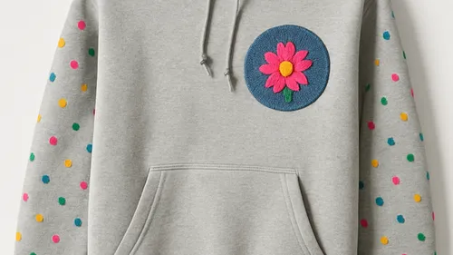Grauer Hoodie mit bunten Punkt-Ärmeln.