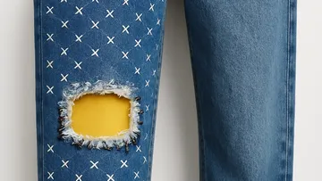 Jeans with embroidered crosses and a hole.