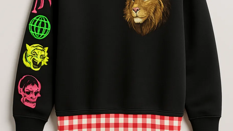 Schwarzer Pullover mit bunten grafischen Designs.