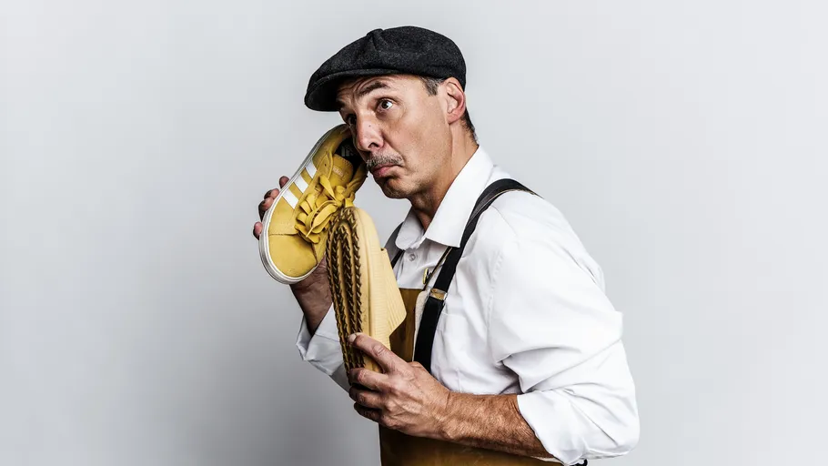 Man listening to yellow sneaker, gray background.
