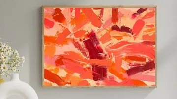 Abstract painting with orange and red brushstrokes.