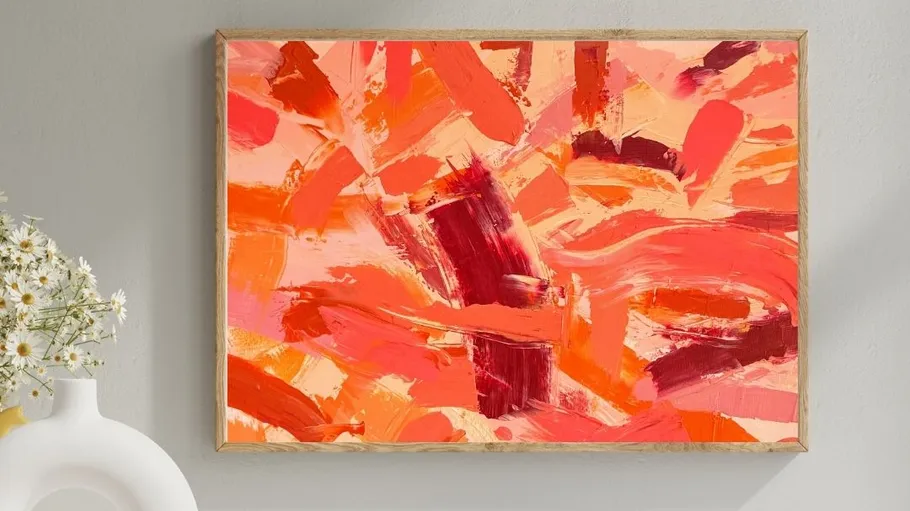 Abstraktes Gemälde mit orange-roten Pinselstrichen.