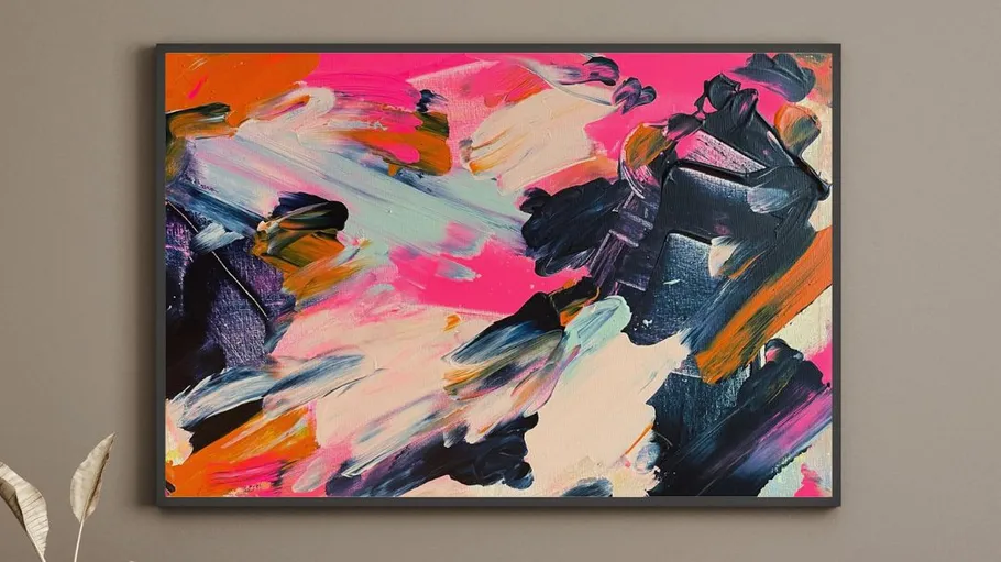 Abstract painting with bold, colorful brushstrokes.