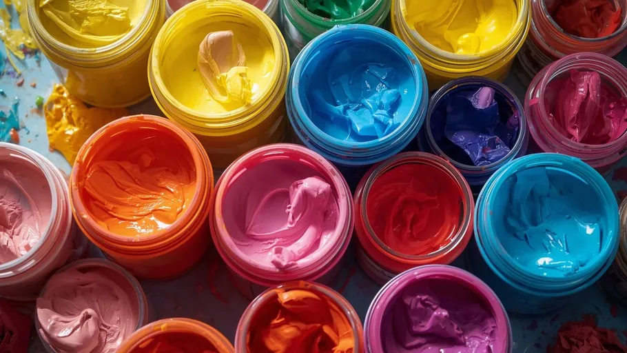 Colorful paint jars arranged on a table.