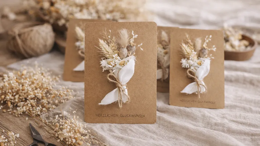 Dekorative Karten mit Blumen auf Tisch.