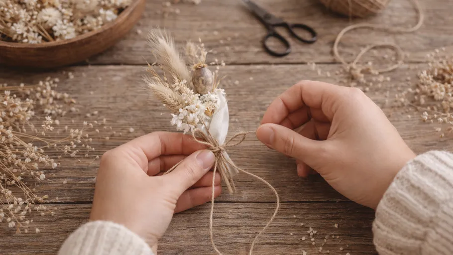 Hände binden Strauß aus Trockenblumen auf Tisch.