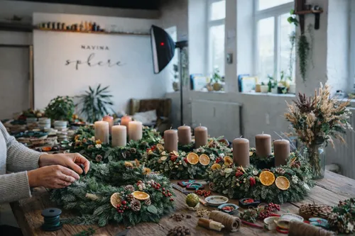Person crafting Christmas wreaths on a table.