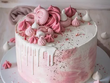 Round cake with pink decoration and icing