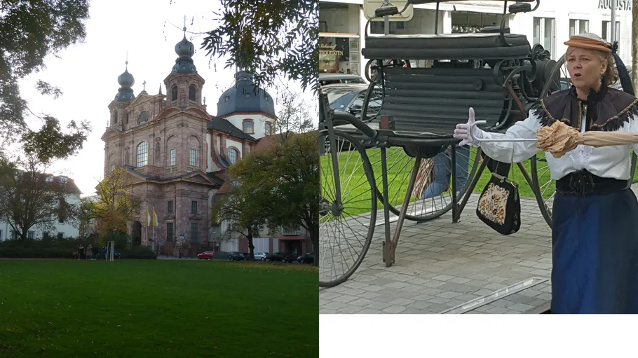 Barockkirche links, Frau in Kostüm rechts.