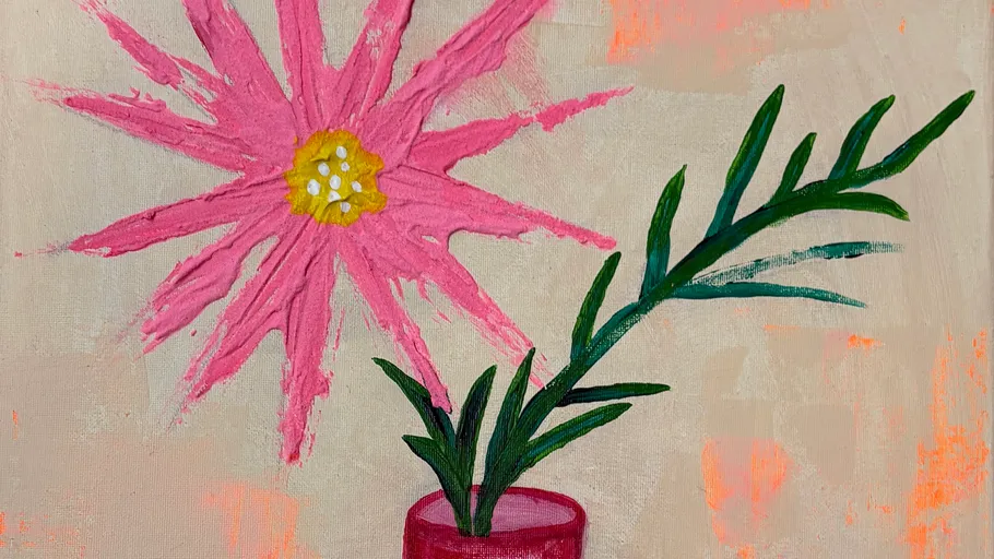 Pink flower painting with vase and leaves.