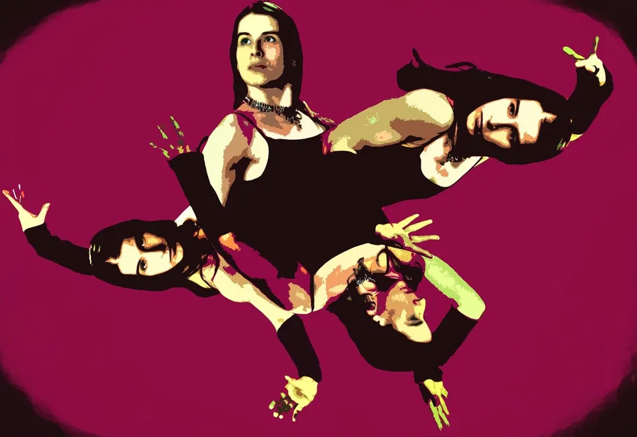 Four women posing abstractly on purple background.