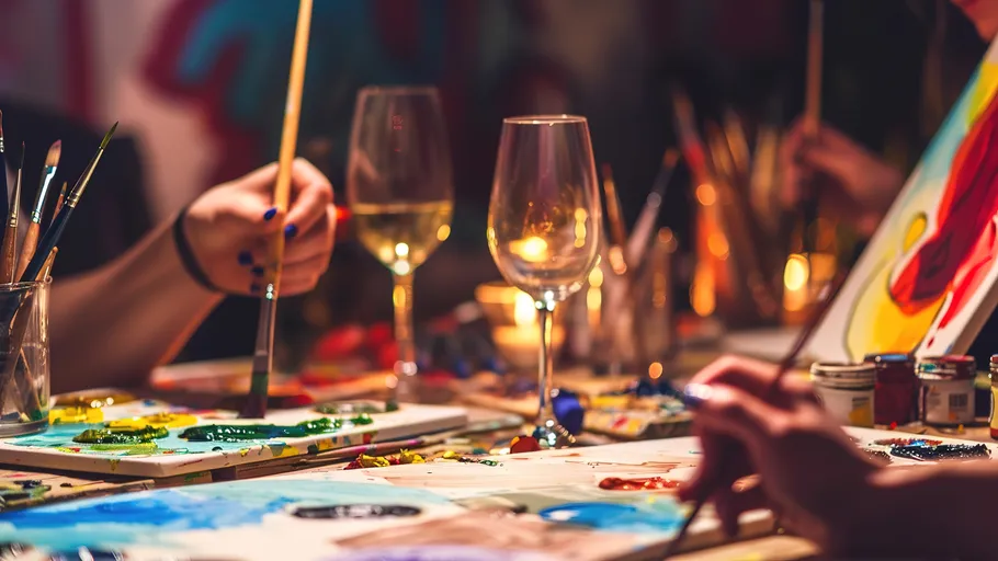People painting at a wine art class.