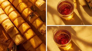 Zuckerrohr und Glas mit bernsteinfarbener Flüssigkeit im Sonnenlicht.