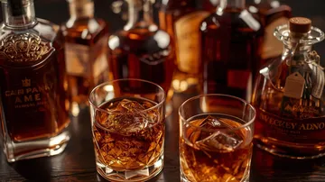 Whiskey glasses and bottles on wooden table.