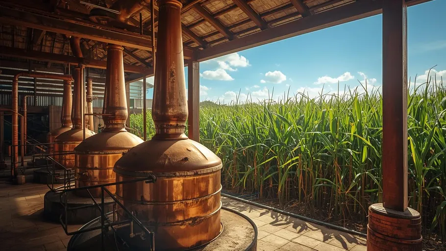 Copper distillation tanks near a sugarcane field.