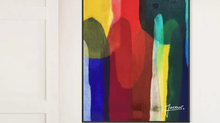 Colorful abstract painting with vertical shapes.