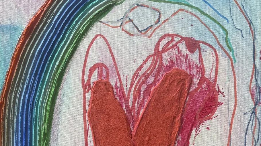 Buntes abstraktes Gemälde mit Rot- und Regenbogen-Elementen.