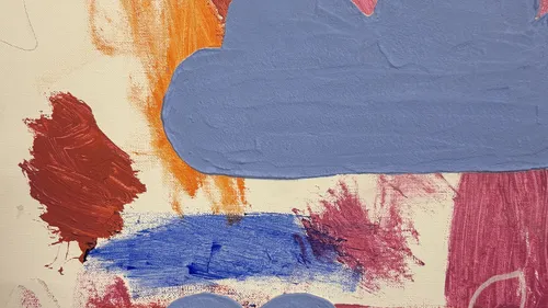 Abstract painting with blue and orange shapes.