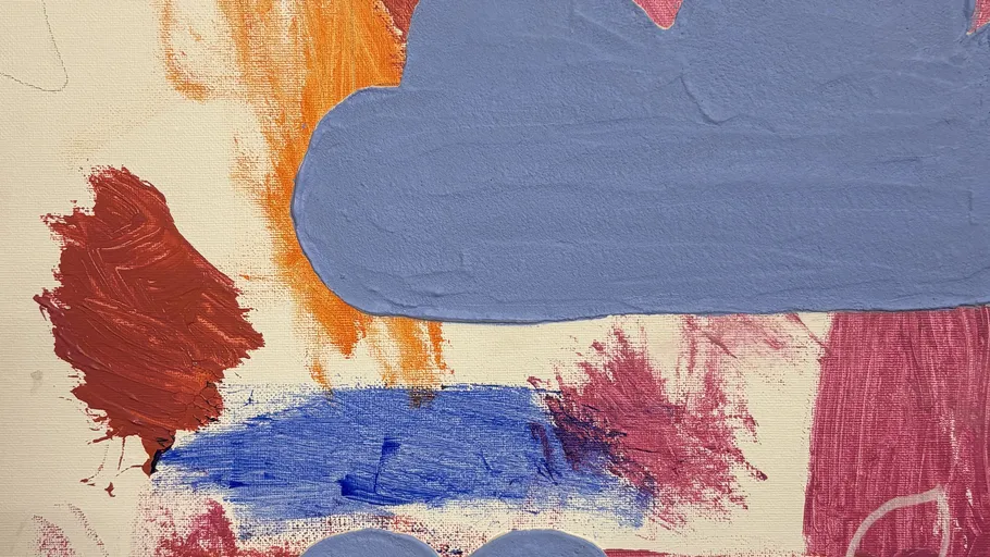 Abstract painting with blue and orange shapes.