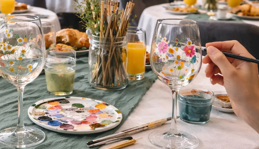 Hand painting floral design on wine glass.