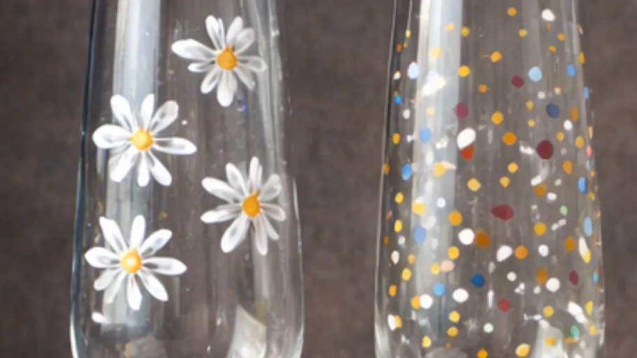 Two decorated glasses with daisies and dots.