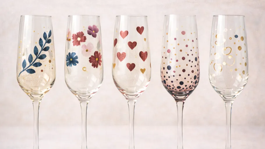 Five painted champagne glasses on display.