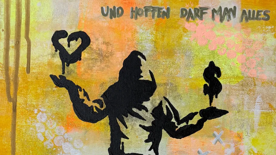 Silhouette balanciert Herz und Dollarzeichen, bunter Hintergrund.