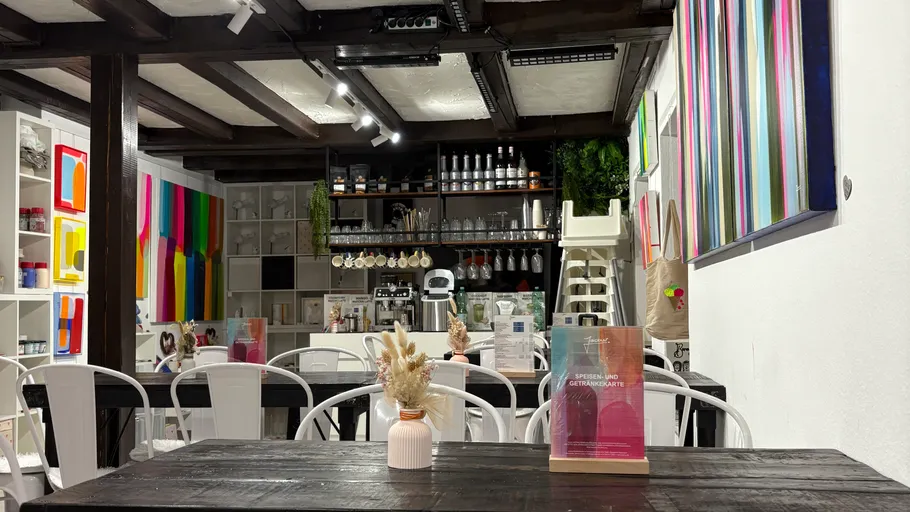 Cafe interior with colorful decor.