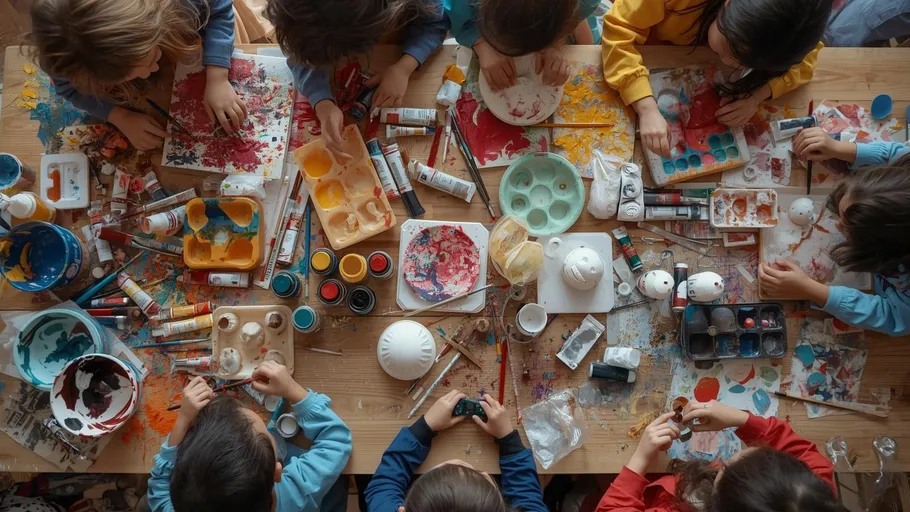 Children painting and crafting at a table.
